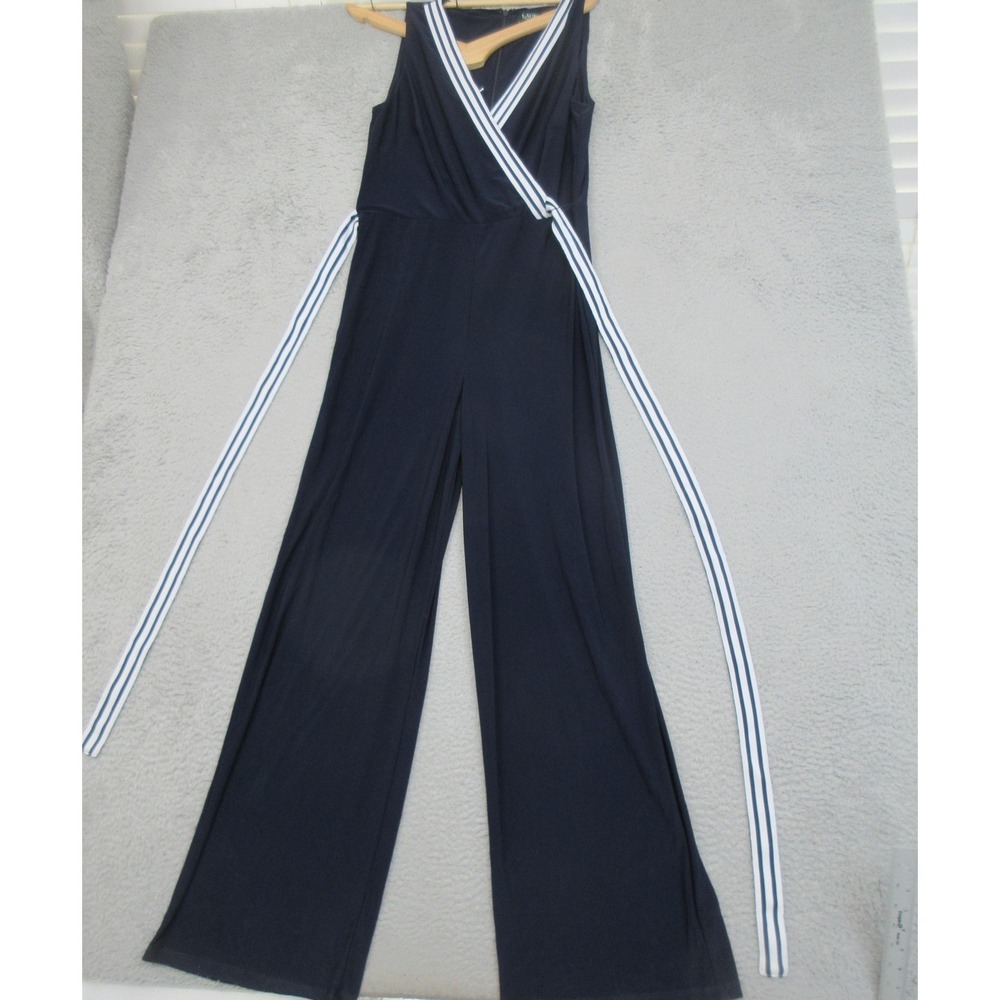 Lauren Ralph Lauren Jumpsuit Womens 10 Navy Wide Leg Faux Wrap Nautical‎ Resort